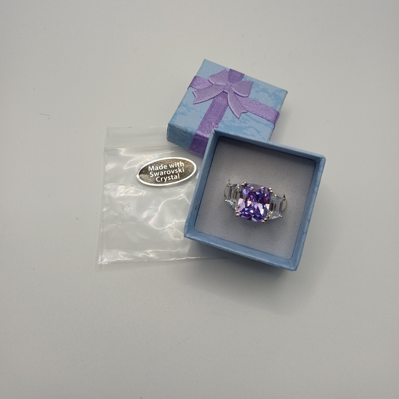 Purple Swarovski Crystal Cushion Cut Ring Silver Tone Statement - Picture 11 of 12